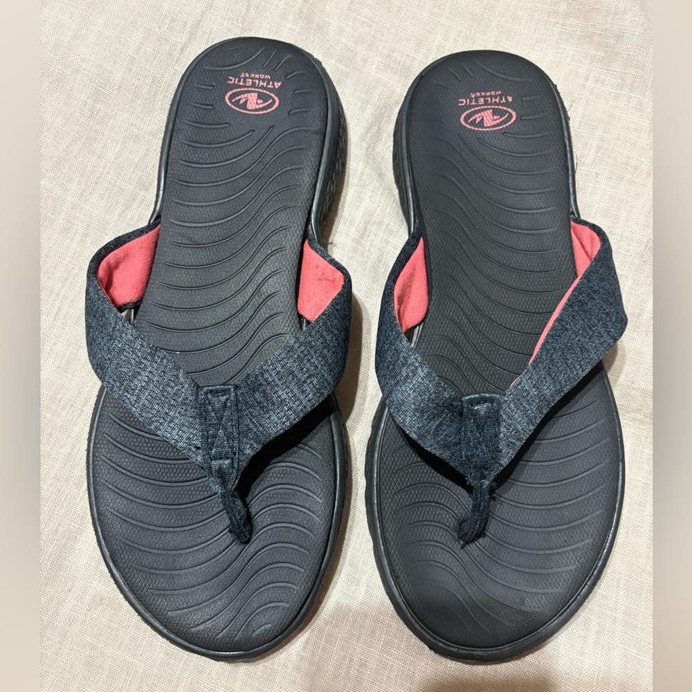 Athletic Works Black Flip Flops with Peach Logo Accent
